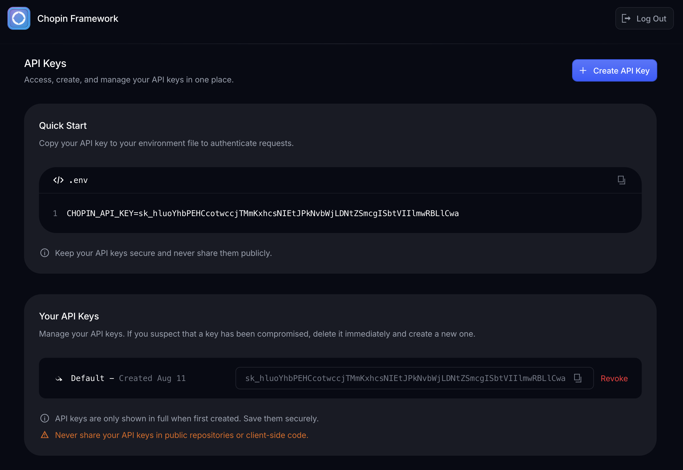 Create API key screenshot