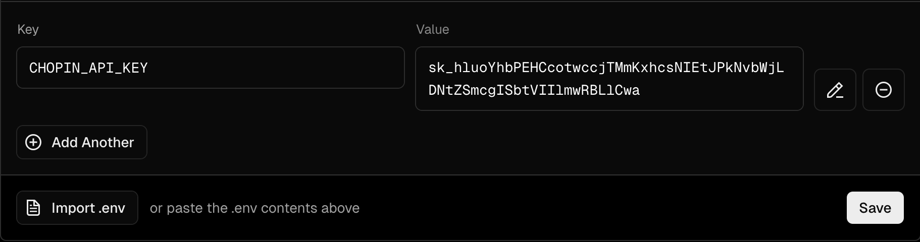 Add CHOPIN_API_KEY in Vercel env screenshot